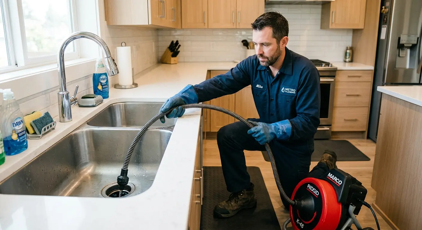 Drain cleaning technician using a motorized snake on a kitchen sink in Oskaloosa