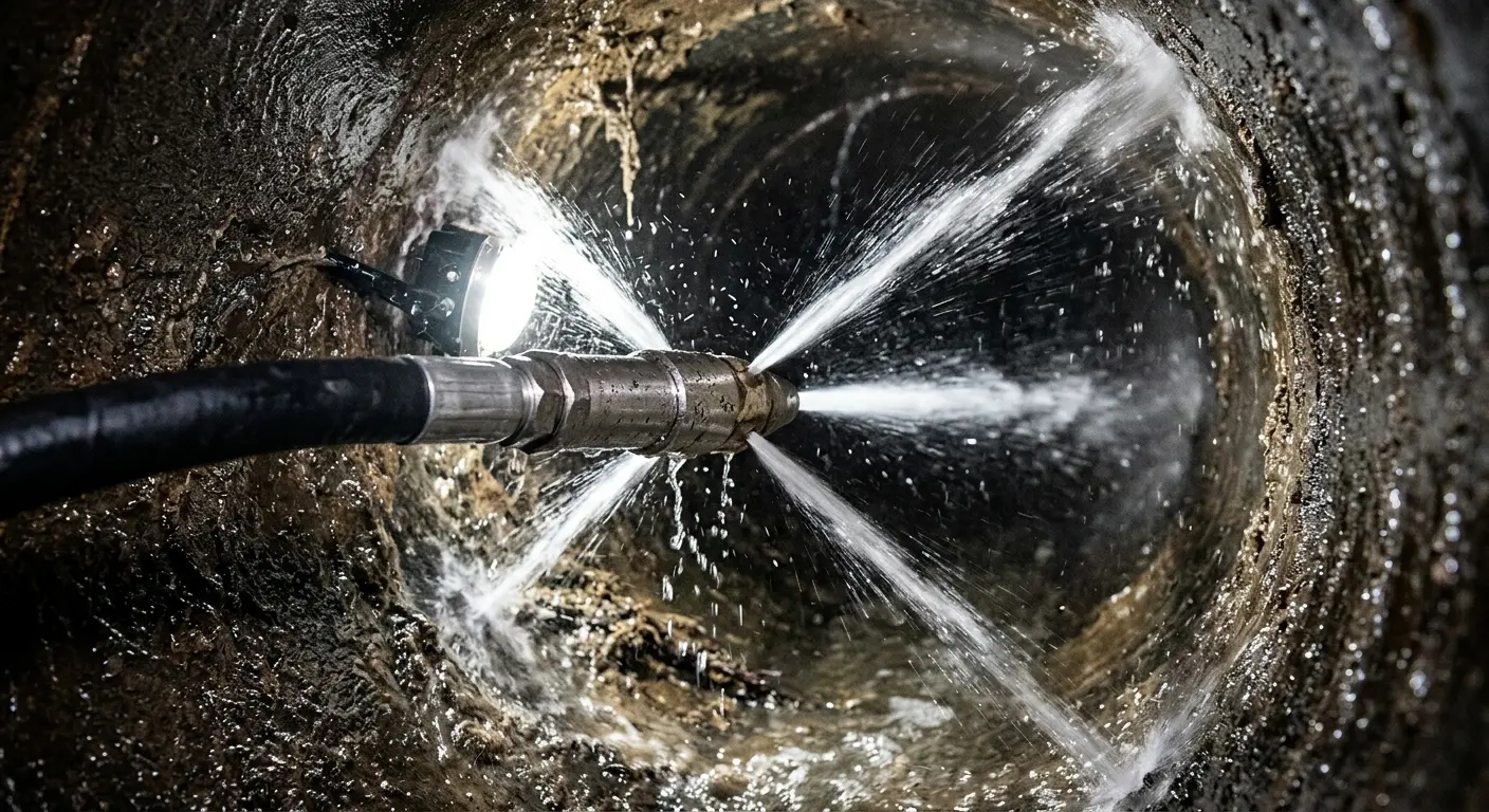 High-pressure hydro jetting nozzle cleaning sewer pipe for Emergency Drain Service in Oskaloosa