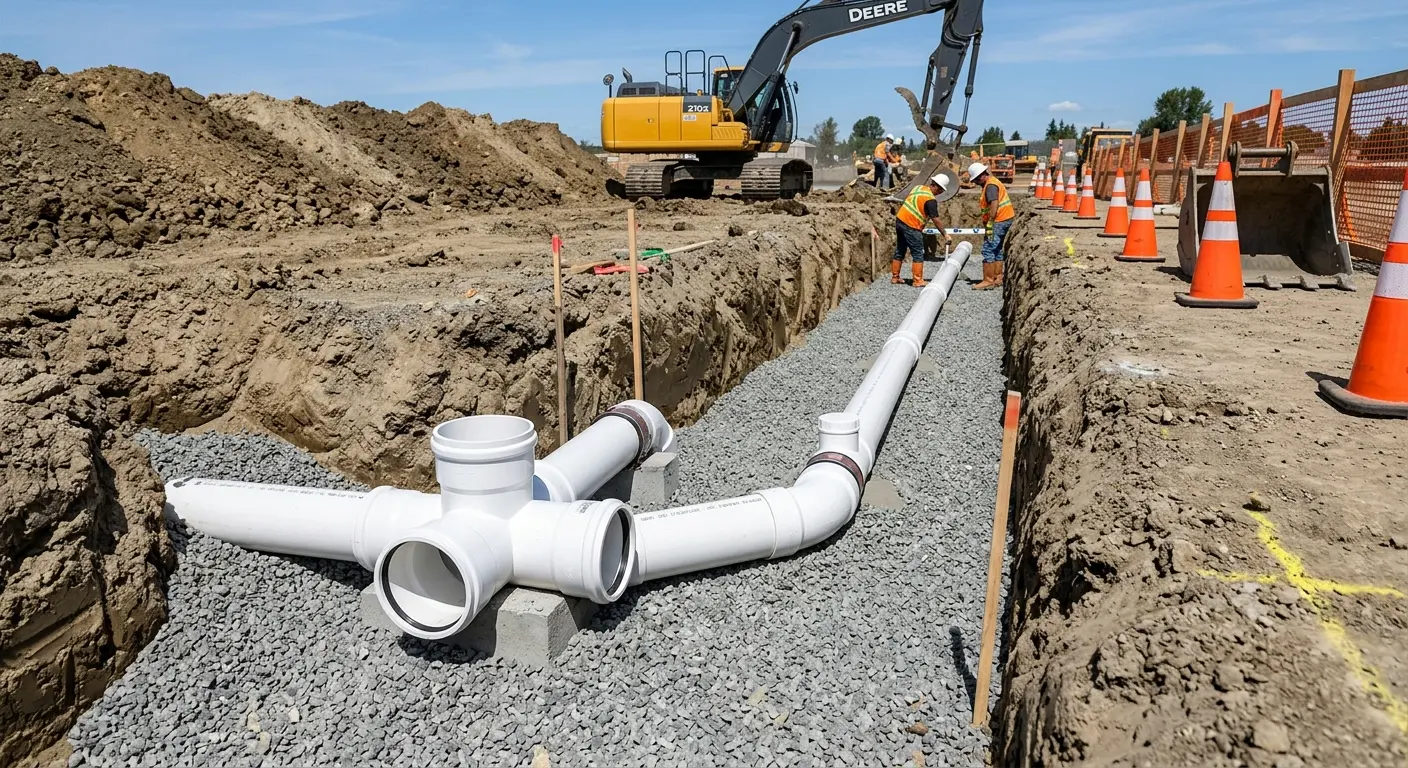 New PVC sewer pipe installation in open trench for Grease Trap Cleaning in Oskaloosa