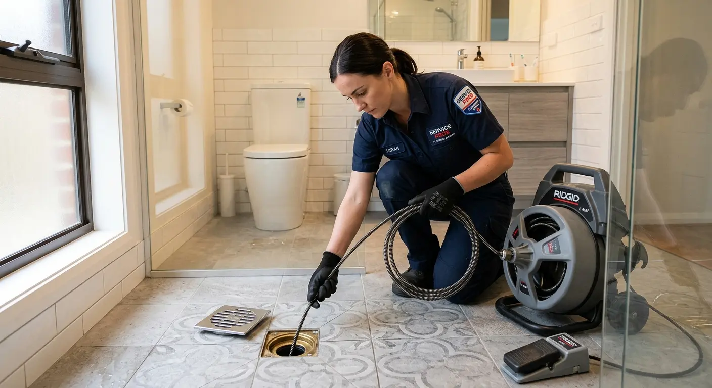 Technician clearing a bathroom floor drain for Drain Repair in Oskaloosa
